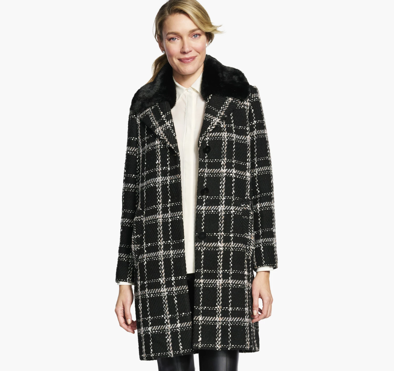 Plaid Coat With Removable Faux-Fur Collar - 04501812-S 1 Plaid Coat With Removable Faux-Fur Collar - 04501812-S
