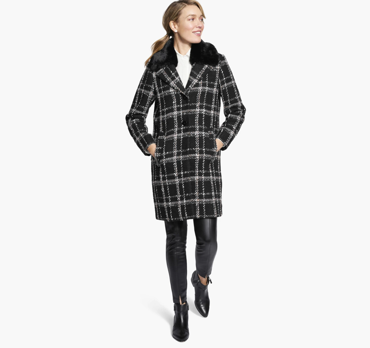 Plaid Coat With Removable Faux-Fur Collar - 04501812-S 3 Plaid Coat With Removable Faux-Fur Collar - 04501812-S - Image 3